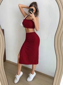SHEIN EZwear Chất rắn Cami ngọn & Tách đùi Váy - Đỏ - Xem 3