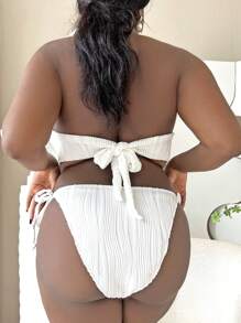 SHEIN Swim Curve Plus Size Tie Front Halter Bikini Set Summer Beach - White - View 2