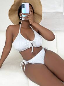 SHEIN Swim Curve Plus Size Tie Front Halter Bikini Set Summer Beach - White - View 3
