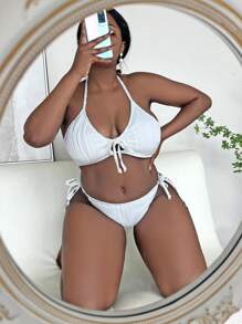 SHEIN Swim Curve Plus Size Tie Front Halter Bikini Set Summer Beach - White - View 4