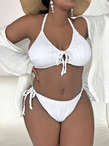 SHEIN Swim Curve Plus Size Tie Front Halter Bikini Set Summer Beach - White - View 5