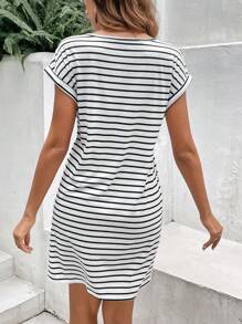 SHEIN Frenchy Striped Print Batwing Sleeve Tee Dress - Black and White - View 2