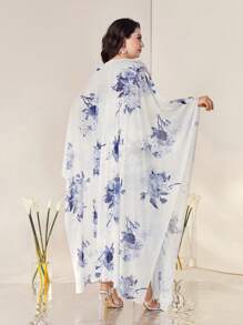 Modelyn Plus Floral Print Cami Dress & Open Front Coat - Blue and White - View 2