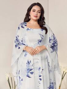 Modelyn Plus Floral Print Cami Dress & Open Front Coat - Blue and White - View 3