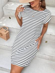 SHEIN Frenchy Striped Print Batwing Sleeve Tee Dress - Black and White - View 4