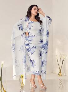 Modelyn Plus Floral Print Cami Dress & Open Front Coat - Blue and White - View 4