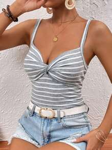 SHEIN VCAY Striped Twist Front Cami Top - Grey - View 5