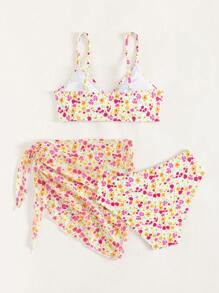 少女花卉印花比基尼套装搭配沙滩裙夏日海滩 - 彩色 - 查看 8