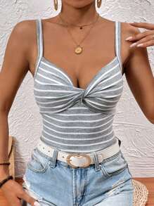 SHEIN VCAY Striped Twist Front Cami Top - Grey - View 7