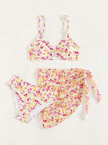 少女花卉印花比基尼套装搭配沙滩裙夏日海滩 - 彩色 - 查看 11