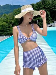 DAZY In Houndstooth Xù Hoa Sen Bộ đồ bơi Bikini - Màu tím - Xem 1