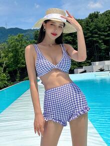 DAZY In Houndstooth Xù Hoa Sen Bộ đồ bơi Bikini - Màu tím - Xem 4