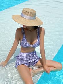 DAZY In Houndstooth Xù Hoa Sen Bộ đồ bơi Bikini - Màu tím - Xem 7