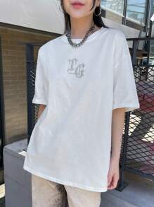 DAZY Camiseta de hombros caídos con estampado de letra - Blanco - Ver 8