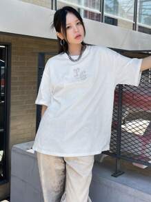 DAZY Camiseta de hombros caídos con estampado de letra - Blanco - Ver 9