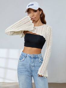 SHEIN EZwear 1pc Open Knit Bell Sleeve Super Crop Jumper - Beige - View 1