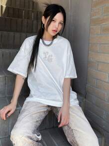 DAZY Camiseta de hombros caídos con estampado de letra - Blanco - Ver 11