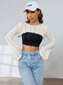 SHEIN EZwear 1pc Open Knit Bell Sleeve Super Crop Jumper - Beige - View 4