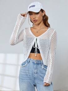 SHEIN EZwear Hollow Out Tie Front Cardigan Without Cami Top - White - View 3