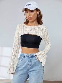 SHEIN EZwear 1pc Open Knit Bell Sleeve Super Crop Jumper - Beige - View 6