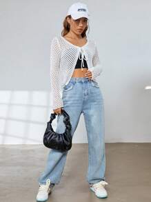 SHEIN EZwear Hollow Out Tie Front Cardigan Without Cami Top - White - View 5