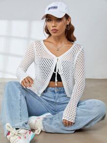 SHEIN EZwear Hollow Out Tie Front Cardigan Without Cami Top - White - View 7
