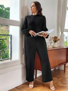SHEIN Privé 大碼素色後拉鏈蕾絲花邊連身褲 - 黑色 - 查看 3