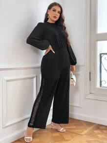 SHEIN Privé 大碼素色後拉鏈蕾絲花邊連身褲 - 黑色 - 查看 4