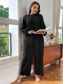 SHEIN Privé 大碼素色後拉鏈蕾絲花邊連身褲 - 黑色 - 查看 1