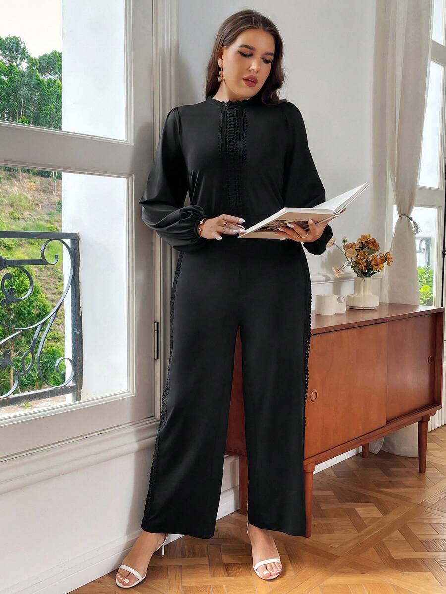 SHEIN Privé 大碼素色後拉鏈蕾絲花邊連身褲 - 黑色 - 查看 1