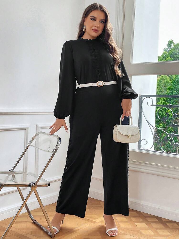 Plus Solid Zip Back Lace Insert Jumpsuit