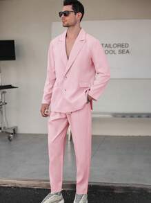 Manfinity Homme Men Solid Single Breasted Blazer & Suit Pants - Pink - View 1
