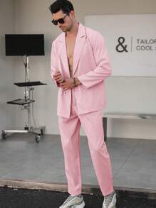 Manfinity Homme Men Solid Single Breasted Blazer & Suit Pants - Pink - View 3