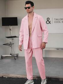 Manfinity Homme Men Solid Single Breasted Blazer & Suit Pants - Pink - View 6