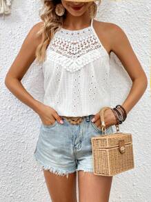 SHEIN VCAY Lỗ gắn thêu Guipure Ren tương phản Áo hai dây - trắng - Xem 4