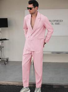 Manfinity Homme Men Solid Single Breasted Blazer & Suit Pants - Pink - View 7