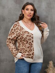 SHEIN LUNE Talla grande Jersey con patrón de leopardo de hombros caídos - Multicolor - Ver 4