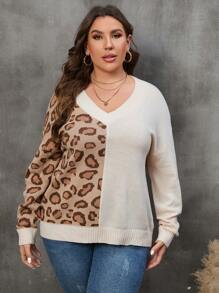 SHEIN LUNE Talla grande Jersey con patrón de leopardo de hombros caídos - Multicolor - Ver 3
