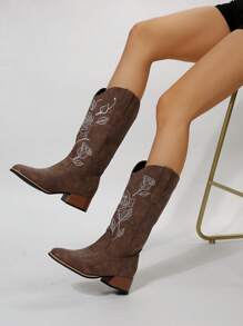 Fall/Winter Women's Embroidered Fashionable Western Embroidery Vintage Cowboy Boots - Coffee Brown - View 2