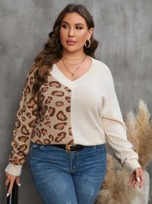 SHEIN LUNE Talla grande Jersey con patrón de leopardo de hombros caídos - Multicolor - Ver 7