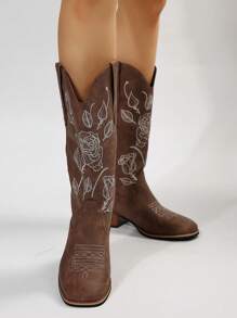Fall/Winter Women's Embroidered Fashionable Western Embroidery Vintage Cowboy Boots - Coffee Brown - View 5