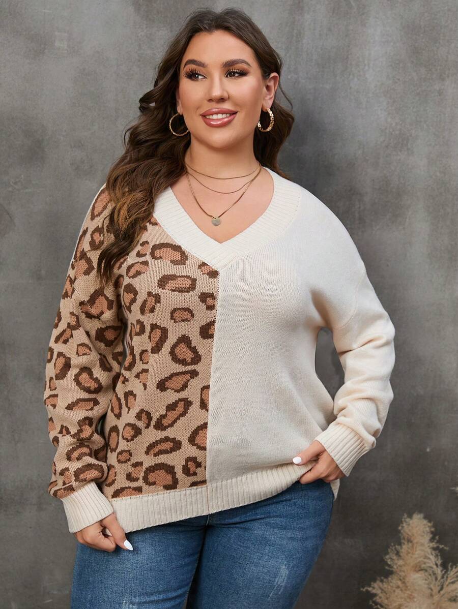 SHEIN LUNE Talla grande Jersey con patrón de leopardo de hombros caídos - Multicolor - Ver 1