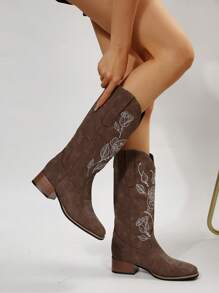 Fall/Winter Women's Embroidered Fashionable Western Embroidery Vintage Cowboy Boots - Coffee Brown - View 6