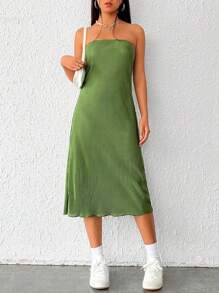 SHEIN EZwear Vestido tubo unicolor tejido de canalé de espalda abierta - Verde - Ver 5