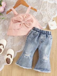 SHEIN Baby Girl Bow Front Cami Top & Ripped Raw Cut Flare Leg Pants