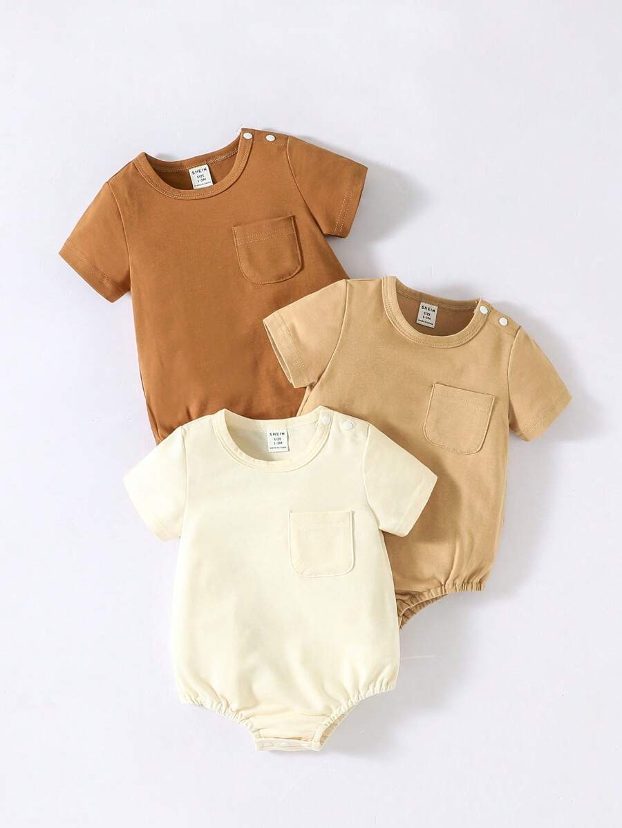 SHEIN 嬰兒男童3入組純色口袋拼接連身衣