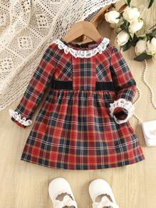 女嬰格子呢圖案蕾絲拼接荷葉袖連衣裙 - 彩色 - 查看 1