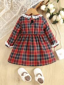 女嬰格子呢圖案蕾絲拼接荷葉袖連衣裙 - 彩色 - 查看 2