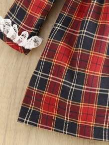 女嬰格子呢圖案蕾絲拼接荷葉袖連衣裙 - 彩色 - 查看 3