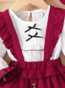 Baby Girl Bow Front Flare Sleeve Tee & Ruffle Trim Pinafore Skirt & Hat